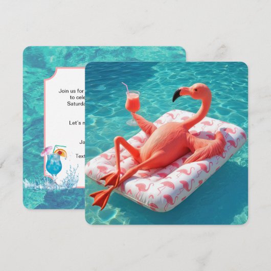 Invitation Flamant rose relaxant flottant sur un matelas de p (Devant / Derrière)