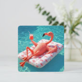 Invitation Flamant rose relaxant flottant sur un matelas de p (Debout devant)