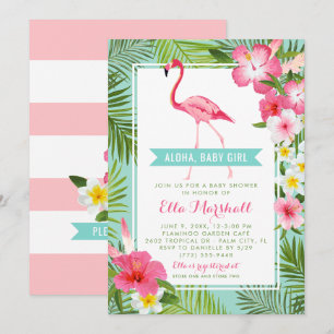 Invitation Flamant rose rose Aqua Tropical Aloha Baby shower 