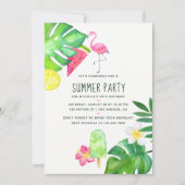 Invitation Flamant rose rose Aquarelle tropicale Anniversaire (Devant)