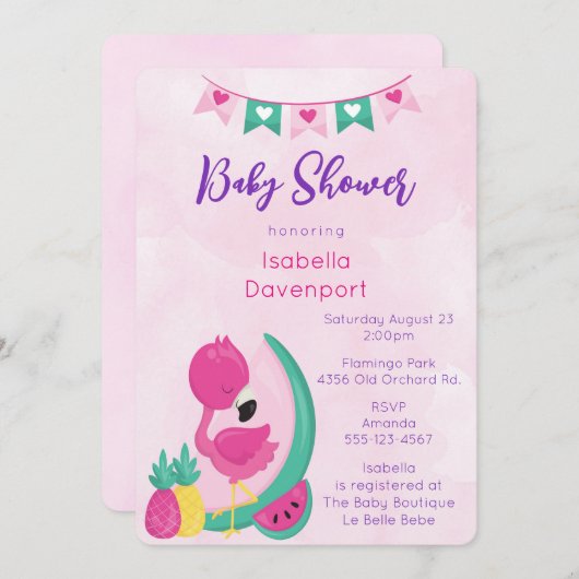 Invitation Flamant rose rose avec douche à ananas et pastèque (Devant / Derrière)
