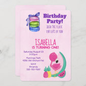 Invitation Flamant rose rose avec Fruits & Macarons Anniversa (Devant / Derrière)