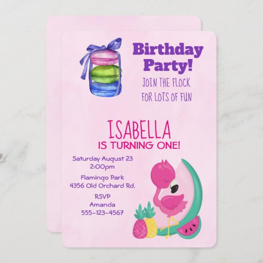 Invitation Flamant rose rose avec Fruits & Macarons Anniversa (Devant / Derrière)