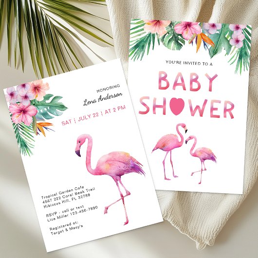 Invitation Flamant rose rose Baby shower Thème tropical