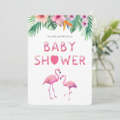 Invitation Flamant rose rose Baby shower Thème tropical (Debout devant)