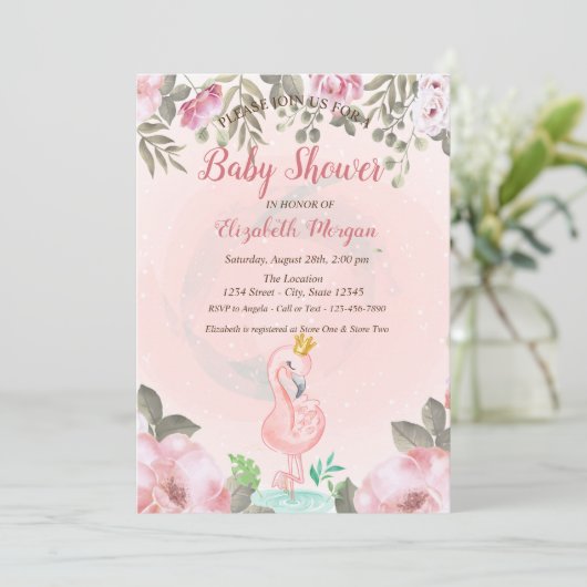 Invitation Flamant rose rose bébé couronne Baby shower flora (Debout devant)