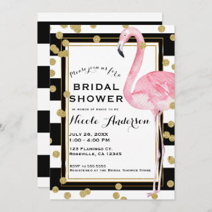 Invitation Flamant rose rose Black White Stripes & Gold Confe