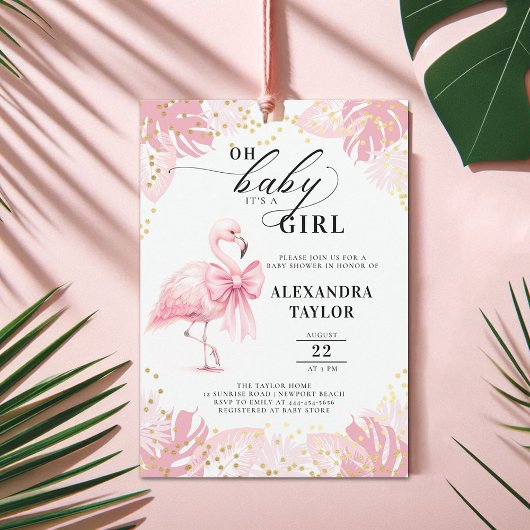 Invitation Flamant rose rose Bow Tropical Rose Baby shower fi