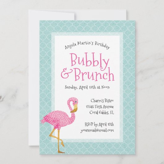 Invitation Flamant rose rose Bubbly Anniversaire Brunch (Devant)