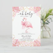 Invitation Flamant rose rose Coquette Baby shower tropical fi (Debout devant)