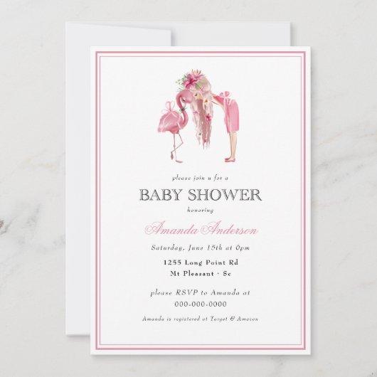 Invitation Flamant rose rose d'été Baby shower moderne fille (Devant)