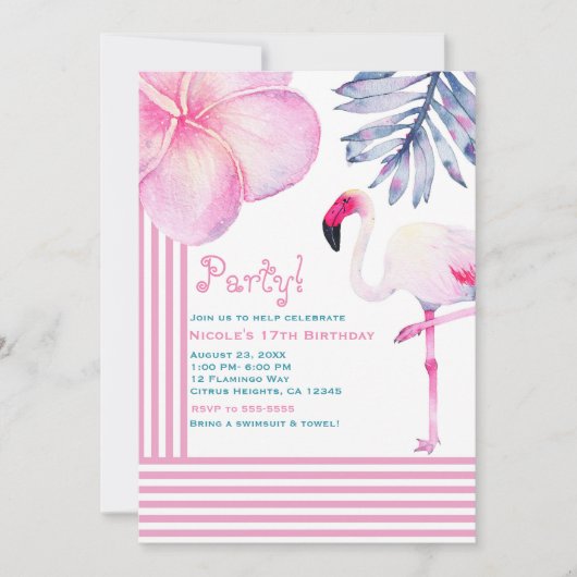 Invitation Flamant rose rose et blanc rayures fête d'annivers (Devant)