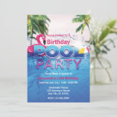 Invitation Flamant rose rose été bord de piscine fête d'anniv (Debout devant)
