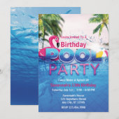 Invitation Flamant rose rose été bord de piscine fête d'anniv (Devant / Derrière)