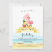 Invitation Flamant rose rose Été Fille 1er Anniversaire Invit (Devant)