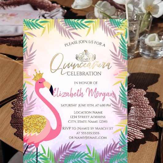 Invitation Flamant rose rose feuille tropicale Quinceañera