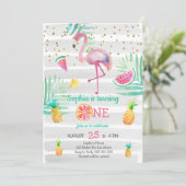 Invitation Flamant rose rose Fille premier anniversaire Tropi (Debout devant)