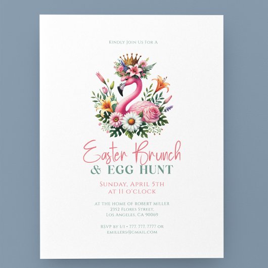 Invitation Flamant rose rose Fleurs de Pâques Brunch & Chasse