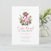 Invitation Flamant rose rose Fleurs de Pâques Brunch & Chasse (Debout devant)