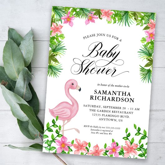 Invitation Flamant rose rose Fleurs tropicales Baby shower de