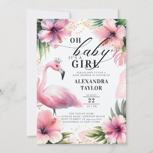 Invitation Flamant rose rose Gras Tropical Rose Baby shower f (Devant)