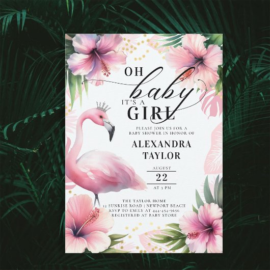 Invitation Flamant rose rose Gras Tropical Rose Baby shower f