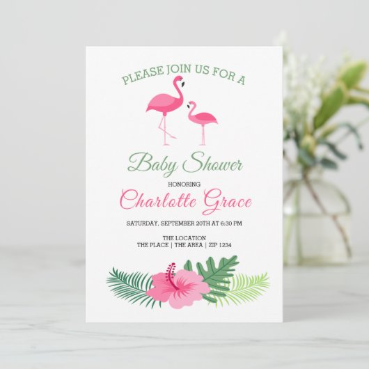Invitation Flamant rose rose mignon Baby shower personnalisé (Debout devant)