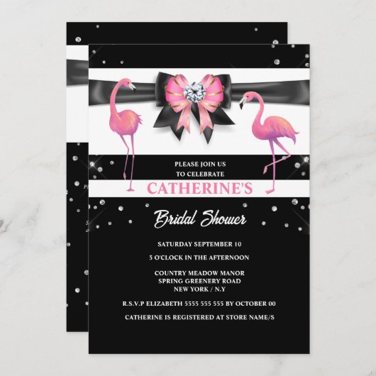 Invitation Flamant rose rose noir douche parties scintillant  (Devant / Derrière)