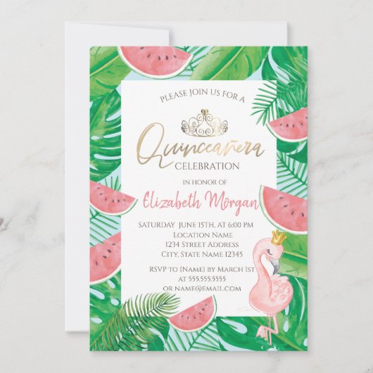 Invitation Flamant rose rose pastèque Tropical Palm (Devant)