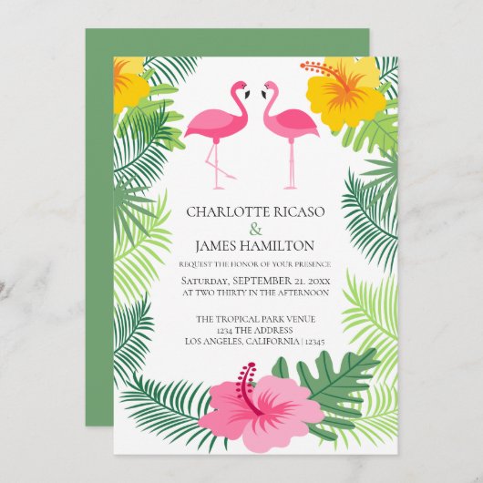 Invitation Flamant rose rose personnalisé Mariage tropical (Devant / Derrière)
