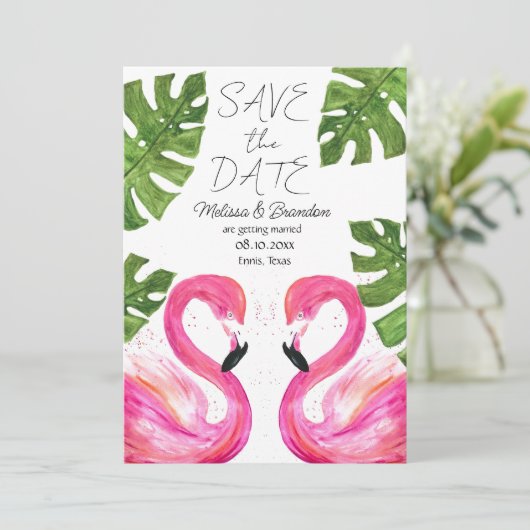 Invitation Flamant rose rose Plage Feuille tropical Mariage (Debout devant)
