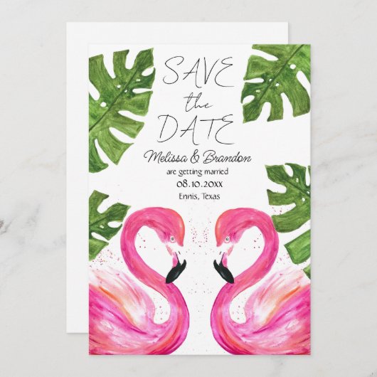 Invitation Flamant rose rose Plage Feuille tropical Mariage (Devant / Derrière)
