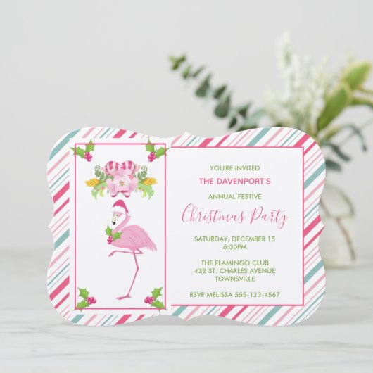 Invitation Flamant rose rose Sucres de canne Santa Hat et Hol (Debout devant)