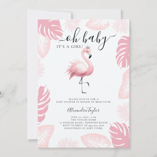 Invitation Flamant rose rose Tiara Baby shower de fille à feu (Devant)