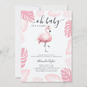 Invitation Flamant rose rose Tiara Baby shower de fille à feu