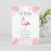 Invitation Flamant rose rose Tiara Baby shower tropical fille (Debout devant)