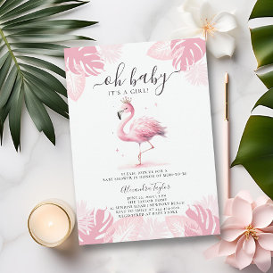 Invitation Flamant rose rose Tiara Baby shower tropical fille