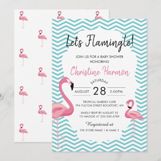 Invitation Flamant rose rose tropical Baby shower de plage Ch (Devant / Derrière)
