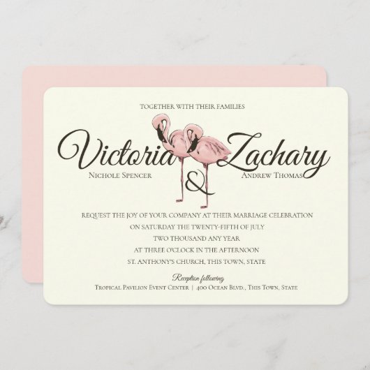 Invitation Flamant rose rose Tropical Beach Wedding (Devant / Derrière)