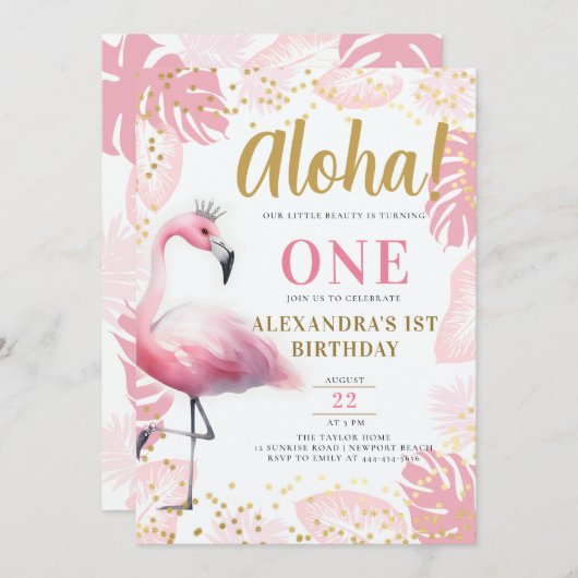 Invitation Flamant rose rose Tropical Hawaii Aloha 1er annive (Devant / Derrière)