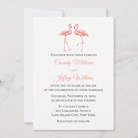 Invitation Flamant rose rose Tropical Mariage mignon Plage d' (Devant)