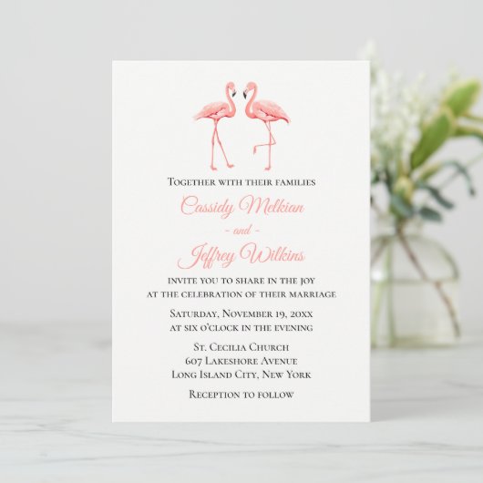 Invitation Flamant rose rose Tropical Mariage mignon Plage d' (Debout devant)