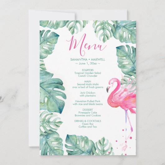 Invitation Flamant rose rose tropical - menu Feuilles (Devant)