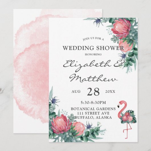 Invitation Flamant rose rose tropical Wedding shower de pivoi (Devant / Derrière)