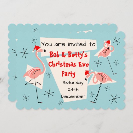 Invitation Flamant rose Santas Bleu pétoncle horizontal (Devant / Derrière)