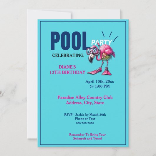 Invitation Flamant rose Scuba Geer Pool Fête Anniversaire (Devant)