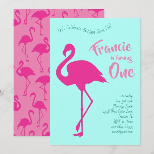 Invitation Flamant rose Silhouettes Tropical 1er Anniversaire (Devant / Derrière)