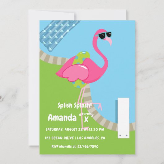 Invitation Flamant rose Summer Splish Splash Anniversaire de (Devant)
