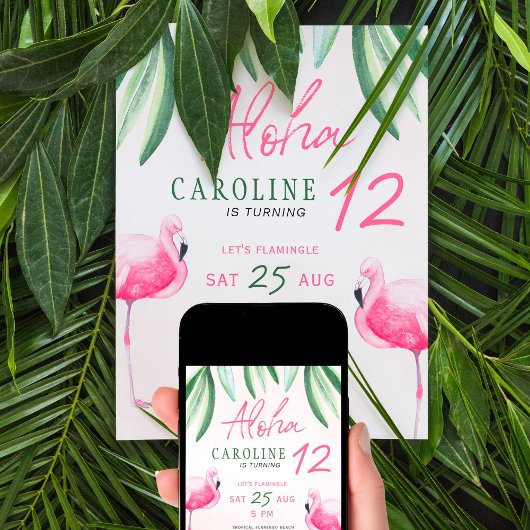 Invitation Flamant rose tropical Aloha anniversaire de enfant