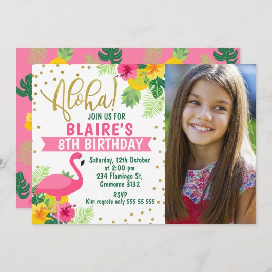 Invitation Flamant rose tropical Aloha Photo Anniversaire Inv (Devant / Derrière)